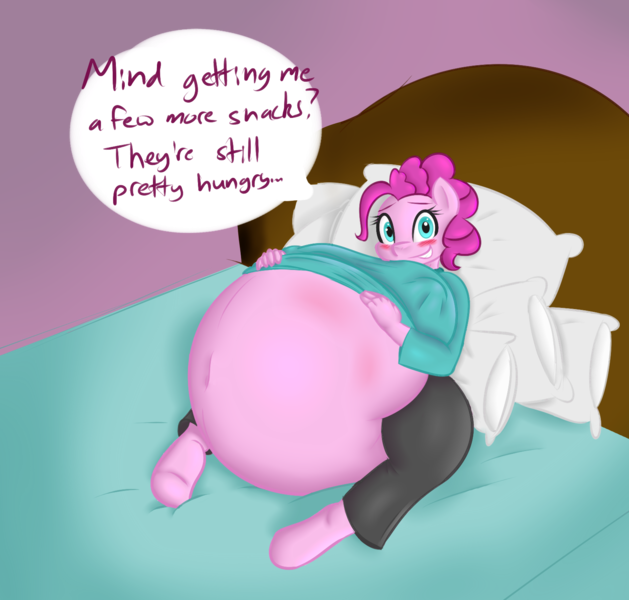 Size: 1563x1491 | Tagged: anthro, artist:funble, artist:whiteheart, bed, belly, breasts, colored, color edit, derpibooru import, edit, female, hyper, hyper pregnancy, impossibly large belly, pinkie pie, preggy pie, pregnant, questionable, speech bubble