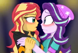 Size: 1653x1122 | Tagged: safe, artist:shonatabeata, derpibooru import, starlight glimmer, sunset shimmer, equestria girls, mirror magic, spoiler:eqg specials, beanie, blushing, female, hat, lesbian, looking at each other, shimmerglimmer, shipping, wavy mouth