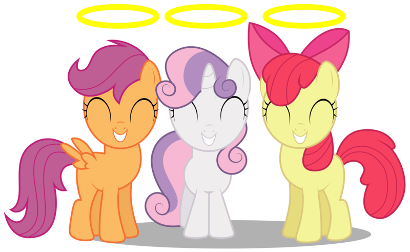 Size: 4891x3000 | Tagged: safe, artist:brony-works, derpibooru import, apple bloom, scootaloo, sweetie belle, pony, stare master, absurd resolution, cutie mark crusaders, eyes closed, halo, high res, simple background, smiling, this will end in tears and/or death and/or covered in tree sap, transparent background, vector