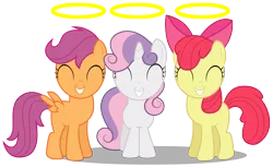 Size: 4891x3000 | Tagged: safe, artist:brony-works, derpibooru import, apple bloom, scootaloo, sweetie belle, pony, stare master, absurd resolution, cutie mark crusaders, eyes closed, halo, high res, simple background, smiling, this will end in tears and/or death and/or covered in tree sap, transparent background, vector