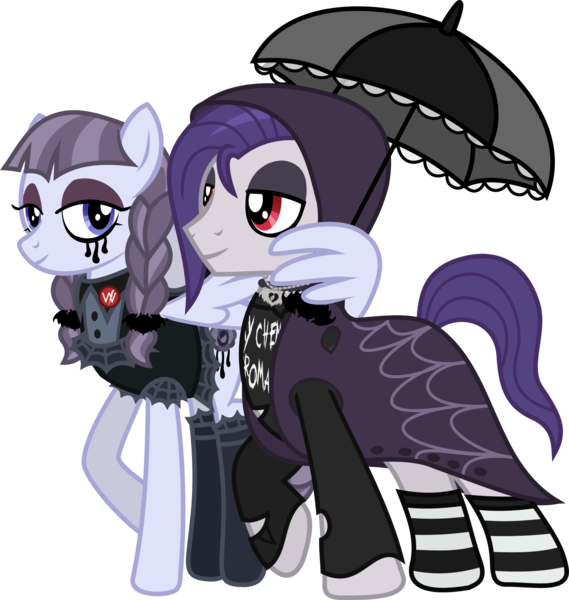 Size: 1596x1683 | Tagged: safe, artist:lightningbolt, derpibooru import, funnel web, inky rose, pegasus, pony, honest apple, .svg available, braid, button, cape, clandestine industries, clothes, emo, eyeliner, eyeshadow, female, goth, hood, hooded cape, hug, inkyweb, jewelry, lanky, looking at each other, makeup, male, mare, model, my chemical romance, necklace, raised hoof, ripped, ripped shirt, running makeup, shipping, shirt, simple background, sleeping with sirens, socks, spider web, stallion, standing, straight, striped socks, svg, tall, transparent background, umbrella, vector, wing hold, winghug