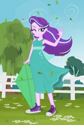 Size: 1000x1500 | Tagged: safe, artist:darthlena, derpibooru import, starlight glimmer, equestria girls, beautiful, clothes, converse, dress, fence, happy, kite, shoes, smiling, smirk, sneakers, solo, summer, that pony sure does love kites, tree, weeping willow