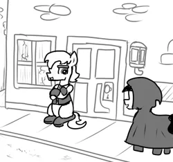 Size: 640x600 | Tagged: safe, artist:ficficponyfic, derpibooru import, pony, colt quest, adult, blank flank, cloak, clothes, cyoa, lamp, male, monochrome, sidewalk, smiling, stallion, story included, street, talking, vest, window