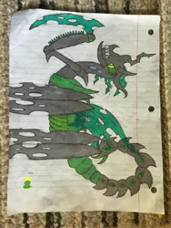 Size: 3024x4032 | Tagged: abomination, absurd resolution, artist:trini-mite, changeling, changeling queen, demon, derpibooru import, former queen chrysalis, green changeling, lined paper, mutant, queen chrysalis, safe, sideways image, solo, taken on an iphone, this isn't even my final form, traditional art