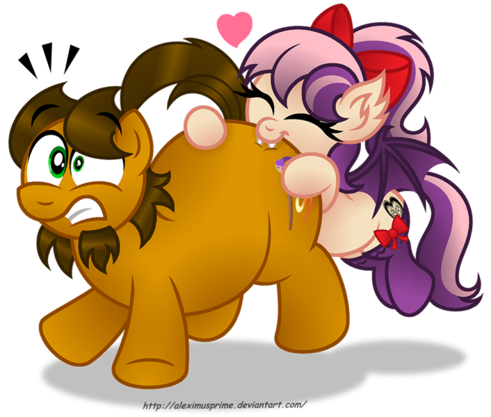 Size: 970x824 | Tagged: safe, artist:aleximusprime, derpibooru import, oc, oc:alex the chubby pony, oc:sweet velvet, unofficial characters only, bat pony, pony, biting, butt bite, chubby, literal butthurt, pain, simple background, transparent background