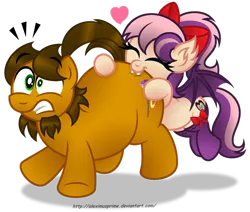 Size: 970x824 | Tagged: safe, artist:aleximusprime, derpibooru import, oc, oc:alex the chubby pony, oc:sweet velvet, unofficial characters only, bat pony, pony, biting, butt bite, chubby, literal butthurt, pain, simple background, transparent background