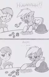 Size: 1102x1738 | Tagged: safe, artist:lockerobster, derpibooru import, oc, oc:brave, ponified:sgt. reckless, pony, comic, gambling, helmet, monochrome, playing card, poker, poker chips, warpone