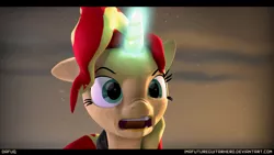 Size: 9600x5400 | Tagged: safe, artist:imafutureguitarhero, derpibooru import, sunset shimmer, pony, 3d, absurd resolution, bust, clothes, confused, dafuq, dust, faic, floppy ears, hoodie, magic, open mouth, solo, source filmmaker, wallpaper