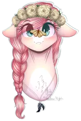 Size: 1353x2018 | Tagged: safe, artist:shadow-nights, derpibooru import, oc, unofficial characters only, butterfly, pony, braid, bust, chest fluff, colored pupils, female, floppy ears, floral head wreath, flower, mare, portrait, simple background, solo, transparent background