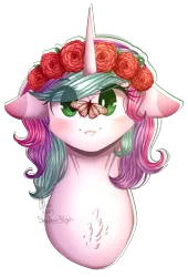 Size: 1333x1960 | Tagged: safe, artist:shadow-nights, derpibooru import, oc, unofficial characters only, butterfly, pony, bust, chest fluff, colored pupils, female, floppy ears, floral head wreath, flower, mare, portrait, simple background, smiling, solo, transparent background