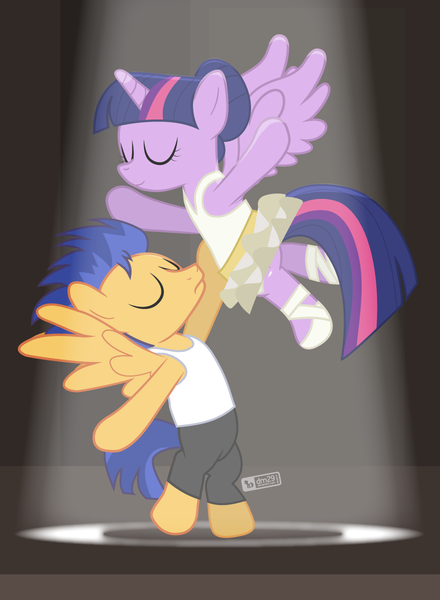 Size: 880x1200 | Tagged: safe, artist:dm29, derpibooru import, flash sentry, twilight sparkle, twilight sparkle (alicorn), alicorn, pony, a royal problem, ballerina, bipedal, clothes, dirty dancing, eyes closed, female, flashlight, male, shipping, straight, tutu, twilarina