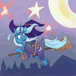 Size: 1024x1024 | Tagged: dead source, safe, artist:jrrhack, derpibooru import, trixie, pony, unicorn, broom, chest fluff, clothes, dress, female, flying, flying broomstick, hat, little witch academia, mare, night, night sky, robe, scared, sky, solo, witch, witch hat