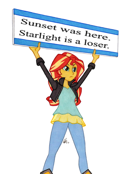 Size: 950x1278 | Tagged: safe, artist:manly man, derpibooru import, sunset shimmer, equestria girls, ash ketchum, exploitable meme, female, gary motherfucking oak, gary oak, implied starlight glimmer, meme, pokémon, sign, simple background, solo, sunset's board, white background