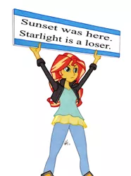 Size: 950x1278 | Tagged: safe, artist:manly man, derpibooru import, sunset shimmer, equestria girls, ash ketchum, exploitable meme, female, gary motherfucking oak, gary oak, implied starlight glimmer, meme, pokémon, sign, simple background, solo, sunset's board, white background