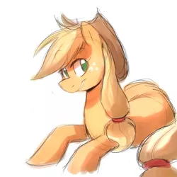 Size: 700x700 | Tagged: safe, artist:prettyproglottids, derpibooru import, applejack, earth pony, pony, prone, simple background, smiling, solo, white background