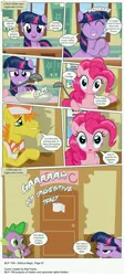 Size: 3314x7374 | Tagged: safe, artist:perfectblue97, derpibooru import, carrot cake, pinkie pie, spike, twilight sparkle, dragon, earth pony, pony, comic:without magic, absurd resolution, bathroom, blank flank, comic, earth pony twilight, porridge, poster, royal guard, sugarcube corner, toilet paper roll