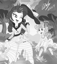 Size: 1800x2014 | Tagged: safe, artist:succubi samus, derpibooru import, rarity, sweetie belle, equestria girls, make new friends but keep discord, ppov, black and white, clothes, commission, costume, cute, diasweetes, dress, female, flower, flower in hair, forest, gala dress, grayscale, hat, lake, messy hair, monochrome, playful, raribetes, raristocrat, rose dewitt bukater, show accurate, sisterly love, sisters, smiling, splashing, titanic, tree, wet