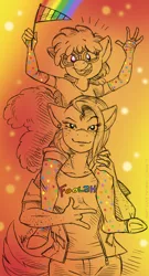 Size: 700x1300 | Tagged: anthro, artist:kaemantis, babs seed, babstwist, clothes, derpibooru import, duo, female, gay pride, gay pride flag, glasses, lesbian, looking at you, older, open mouth, pride, rainbow, safe, shipping, smiling, twist