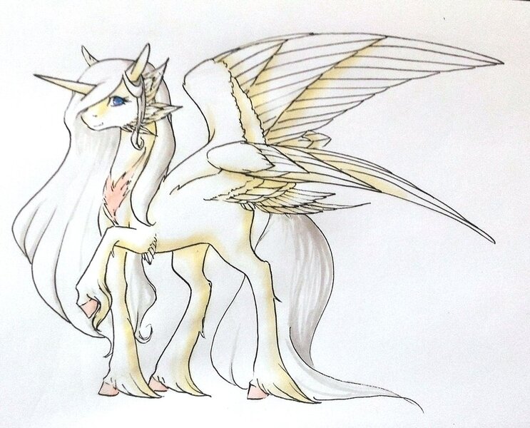 Size: 1024x827 | Tagged: safe, artist:oneiria-fylakas, derpibooru import, oc, oc:su, unofficial characters only, alicorn, pony, seraph, seraphicorn, female, mare, multiple wings, raised hoof, solo, traditional art, unshorn fetlocks