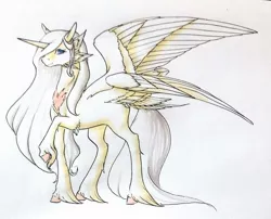 Size: 1024x827 | Tagged: safe, artist:oneiria-fylakas, derpibooru import, oc, oc:su, unofficial characters only, alicorn, pony, seraph, seraphicorn, female, mare, multiple wings, raised hoof, solo, traditional art, unshorn fetlocks