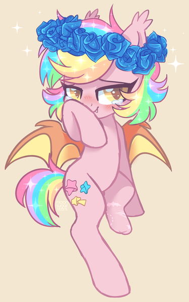 Size: 1981x3170 | Tagged: safe, artist:hawthornss, derpibooru import, oc, oc:paper stars, unofficial characters only, bat pony, pony, amputee, blushing, crying, cute, cute little fangs, ear fluff, fangs, floral head wreath, flower, flower in hair, lidded eyes, looking at you, missing accessory, missing limb, scar, simple background, smiling, spread wings, stump, wings, yellow background