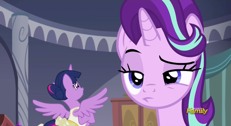 Size: 1440x788 | Tagged: safe, derpibooru import, screencap, starlight glimmer, twilight sparkle, twilight sparkle (alicorn), alicorn, pony, a royal problem, ballerina, clothes, discovery family logo, faic, lidded eyes, micro, music box, raised eyebrow, starlight is not amused, tutu, twilarina, unamused