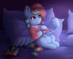 Size: 2000x1600 | Tagged: safe, artist:spirit-dude, derpibooru import, rainbow dash, pony, alternate hairstyle, bed, chips, clothes, controller, cute, dashabetes, drink, female, food, hoodie, joystick, mare, pillow, soda, solo, super mario bros., tongue out, video game, wing hands, wing hold