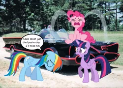 Size: 1474x1053 | Tagged: safe, derpibooru import, pinkie pie, rainbow dash, twilight sparkle, twilight sparkle (alicorn), alicorn, pony, 60s batman, adam west, batman, batmobile, crying, irl, lincoln futura, photo, ponies in real life, rest in peace, shocked, tribute