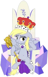 Size: 2000x3200 | Tagged: safe, artist:cheezedoodle96, derpibooru import, derpy hooves, pegasus, pony, a royal problem, .svg available, belly button, cape, clothes, crown, female, friendship throne, jewelry, lidded eyes, looking at you, mare, princess derpy, queen derpy, regalia, scene interpretation, scepter, simple background, sitting, solo, spread wings, svg, throne, transparent background, twilight scepter, underp, vector, wings
