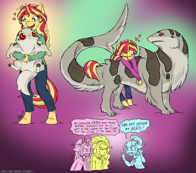 Size: 1200x1061 | Tagged: safe, artist:kaemantis, deleted from derpibooru, derpibooru import, adagio dazzle, aria blaze, sonata dusk, sunset shimmer, oc, oc:senza, anthro, earth pony, hybrid, original species, shark, unguligrade anthro, unicorn, cute, dialogue, female, heart, land shark, mare, monster, pet, shimmerbetes, smiling, speech bubble, the dazzlings