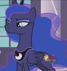 Size: 360x382 | Tagged: safe, derpibooru import, screencap, princess luna, starlight glimmer, pony, a royal problem, animated, cropped, cute, floppy ears, frown, gif, glare, lidded eyes, lunabetes, sad, solo focus, swapped cutie marks, treehouse logo, upset