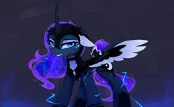 Size: 1678x1029 | Tagged: semi-grimdark, artist:magnaluna, derpibooru import, princess luna, alicorn, pony, armor, blood, ear fluff, female, floppy ears, galaxy mane, grin, looking at you, mare, smiling, solo, spread wings, wings