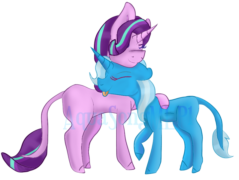 Size: 888x669 | Tagged: safe, artist:aquasongmlp1, derpibooru import, starlight glimmer, trixie, pony, unicorn, female, hug, leonine tail, lesbian, mare, shipping, simple background, smiling, startrix, tongue out, transparent background