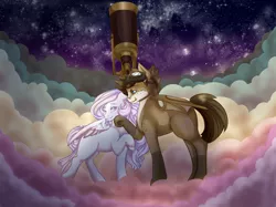 Size: 2654x1990 | Tagged: safe, artist:rosewend, derpibooru import, oc, oc:dove, oc:ranger, unofficial characters only, bat pony, pegasus, pony, date, duo, female, male, oc x oc, pair, shipping, stars, stellar, straight, telescope