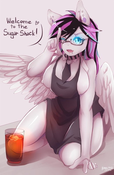 Size: 3145x4847 | Tagged: absurd resolution, anthro, anthro oc, apron, artist:hakkids2, big breasts, breasts, clothes, derpibooru import, female, glasses, kneeling, mare, naked apron, necktie, nipples, nondescript nipples, oc, pegasus, questionable, solo, solo female, unofficial characters only