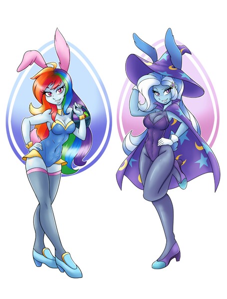 Size: 3106x4096 | Tagged: suggestive, artist:ambris, derpibooru import, rainbow dash, trixie, equestria girls, absurd resolution, an equestrian easter, armpits, art pack, bedroom eyes, breasts, bunny ears, bunny suit, clothes, corset, easter egg, female, females only, gloves, high heels, leotard, pantyhose, shoes, stockings, thigh highs