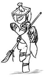 Size: 423x703 | Tagged: safe, artist:thebirdiebin, derpibooru import, oc, unofficial characters only, pegasus, pony, semi-anthro, for honor, masked, monochrome, naginata, solo, spear, video game, weapon