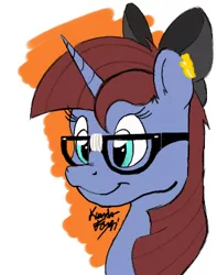 Size: 305x388 | Tagged: safe, artist:kundofox, derpibooru import, oc, oc:raspberry breeze, unofficial characters only, pony, unicorn, bow, cute, female, glasses, mare, piercing, signature, simple background, solo
