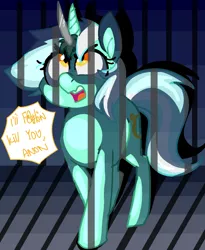 Size: 1154x1410 | Tagged: safe, artist:/d/non, derpibooru import, lyra heartstrings, pony, unicorn, angry, censored vulgarity, death threat, fake horn, female, jail, knife, solo, the last unicorn, vulgar