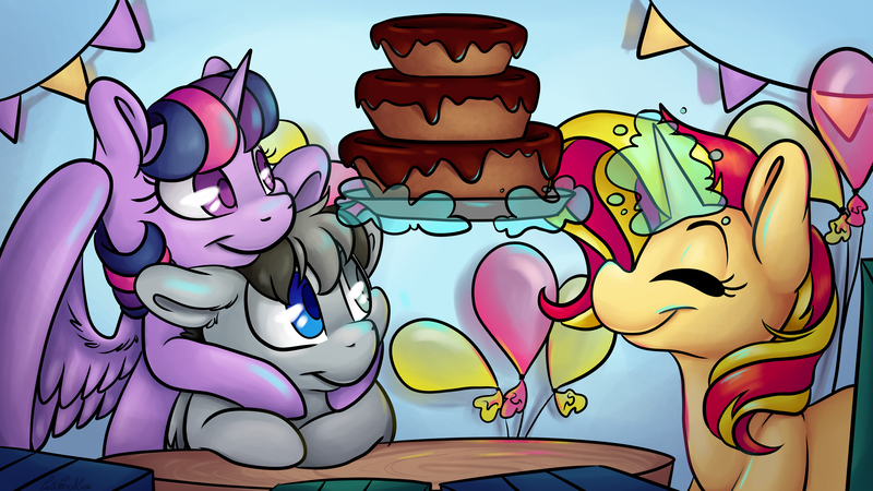 Size: 6910x3886 | Tagged: safe, artist:cutepencilcase, derpibooru import, sunset shimmer, twilight sparkle, twilight sparkle (alicorn), oc, oc:light blade, alicorn, pegasus, pony, unicorn, absurd resolution, balloon, birthday, birthday cake, cake, cute, eyes closed, female, floppy ears, food, glowing horn, heterochromia, horn, hug, huggle, magic, male, mare, shimmerbetes, smiling, stallion, telekinesis, twiabetes