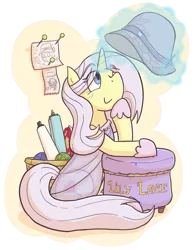 Size: 1509x1920 | Tagged: safe, artist:zanefir-dran, derpibooru import, lily lace, pony, honest apple, clothes, female, levitation, magic, mare, pin, see-through, sitting, solo, telekinesis, yarn