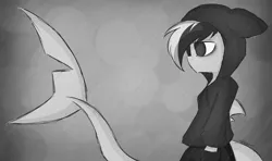 Size: 1280x759 | Tagged: anthro, artist:ashee, clothes, derpibooru import, female, hoodie, monochrome, oc, oc:ashee, original species, rain, safe, shark, shark pony, solo, unofficial characters only