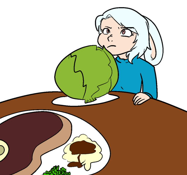 Size: 1065x999 | Tagged: artist:/d/non, derpibooru import, edit, editor:vhatug, female, food, implied bestiality, lettuce, meat, oc, oc:cottonball, offscreen character, offspring, parent:rabbit, pouting, safe, satyr, solo, steak, unofficial characters only