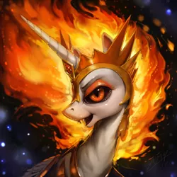 Size: 1080x1080 | Tagged: safe, artist:assasinmonkey, derpibooru import, daybreaker, alicorn, pony, a royal problem, bust, color porn, female, fire, looking at you, open mouth, portrait, realistic, smiling, solo