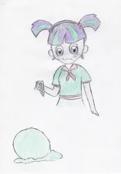 Size: 880x1264 | Tagged: safe, artist:foxy1219, derpibooru import, starlight glimmer, equestria girls, clothes, cute, dropped ice cream, food, ice cream, midriff, pigtails, sad, skirt, solo, that human sure does love ice cream, traditional art, younger
