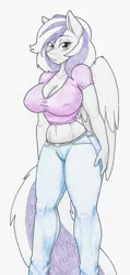 Size: 2969x6233 | Tagged: absurd resolution, anthro, anthro oc, artist:flicker-show, bedroom eyes, belly button, big breasts, breasts, cleavage, clothes, commission, curvy, derpibooru import, female, hourglass figure, jeans, looking at you, mare, midriff, milf, oc, oc:aerial waves, pants, pegasus, short shirt, simple background, solo, solo female, suggestive, traditional art, unofficial characters only, white background