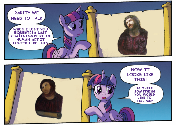 Size: 612x435 | Tagged: safe, artist:tonyfleecs, derpibooru import, edit, idw, twilight sparkle, twilight sparkle (alicorn), alicorn, pony, botched ecce homo, comic, ecce homo, implied rarity, text edit