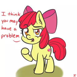 Size: 2000x2000 | Tagged: safe, artist:yakoshi, derpibooru import, apple bloom, earth pony, pony, dialogue, looking at you, open mouth, pointing, raised eyebrow, raised hoof, shaming, simple background, solo, white background