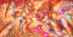 Size: 1980x1024 | Tagged: safe, artist:girlsay, derpibooru import, idw, daybreaker, nightmare star, alicorn, pony, a royal problem, duo, element of generosity, element of honesty, element of kindness, element of laughter, element of loyalty, element of magic, elements of harmony, enterplay, female, fight, horseshoes, looking at each other, mane of fire, mare, merchandise, patreon, patreon logo, self ponidox, trading card game, two flaming sunponies