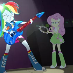 Size: 500x500 | Tagged: safe, derpibooru import, screencap, fluttershy, rainbow dash, equestria girls, rainbow rocks, awesome as i want to be, boots, bracelet, clothes, compression shorts, cropped, electric guitar, eyes closed, female, fluttershy is not amused, frown, guitar, high heel boots, jewelry, musical instrument, ponied up, skirt, socks, striped socks, tambourine, wristband